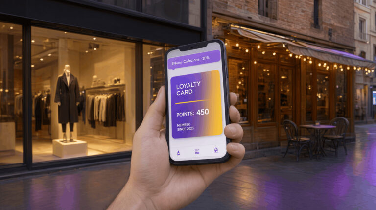 Smartphone che mostra un'app con notifica push e punti fedeltà, tenuta in mano davanti a una vetrina di negozio e ristorante sfocata, ecosistema digitale MyAppWeb
