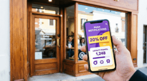 Smartphone con app per negozio locale che mostra notifiche push con sconto 20% e punti fedeltà, davanti a una vetrina di attività commerciale