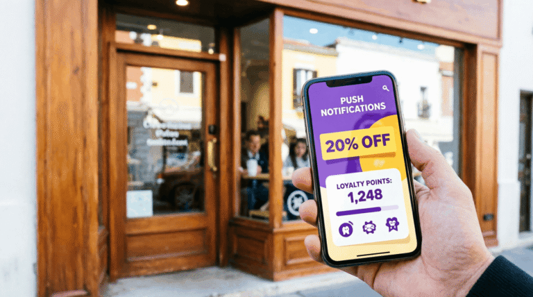 Smartphone con app per negozio locale che mostra notifiche push con sconto 20% e punti fedeltà, davanti a una vetrina di attività commerciale