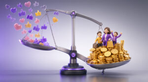 Bilancia concettuale 3D che confronta i like dei social media leggeri e volatili con clienti e fatturato solidi e pesanti, rappresentando le metriche di business contro le metriche di vanità MyAppWeb