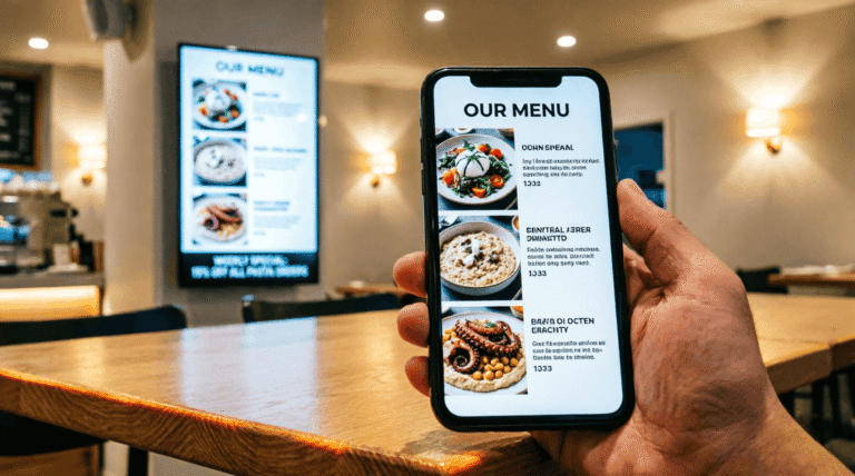 Cliente che scansiona un QR code per il menu digitale su smartphone in un ristorante moderno, con un monitor sincronizzato che mostra le stesse offerte sullo sfondo