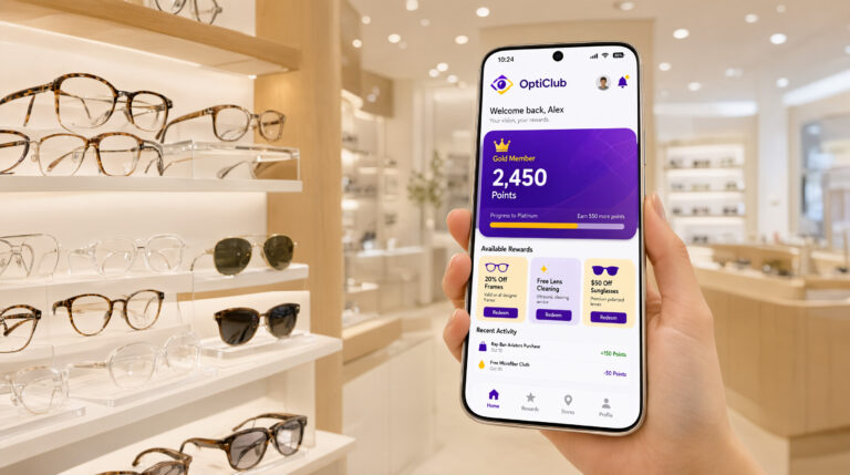 Smartphone che mostra un'app fedeltà digitale con punti e premi per occhiali, tenuta in mano davanti agli scaffali di un moderno negozio di ottica MyAppWeb